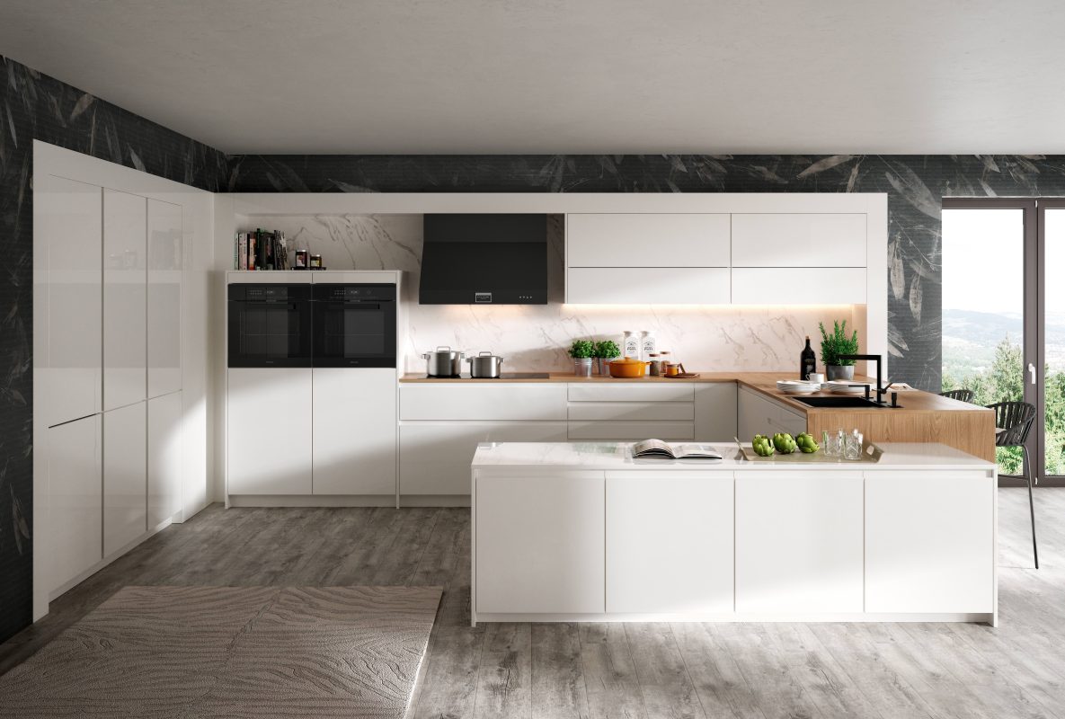 Modell Sevilla in weiß Hochglanz Marmoroptik und Eiche nordic Arbeitsplatte