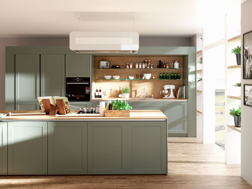 Modell Lion Classic Fjord Grün und Eiche Nordic Arbeitsplatte grifflos